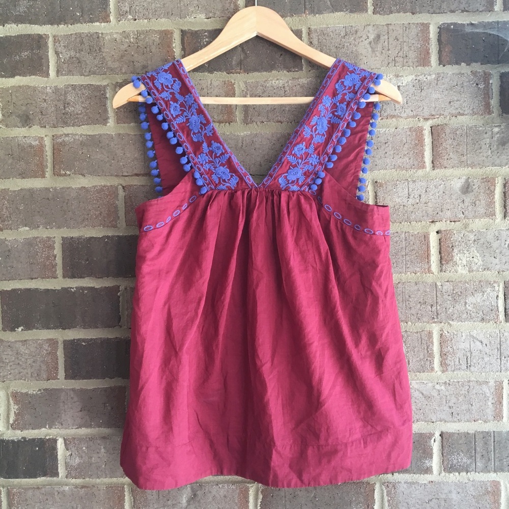 J. Crew Pom Pom Embroidered Yoke Blouse